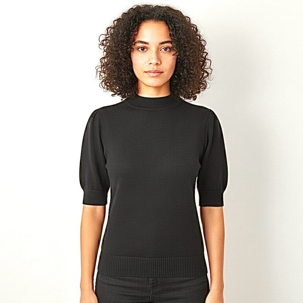 Vintage St. John Sport Black Knit Mock Neck Short Sleeve Top with Zipper